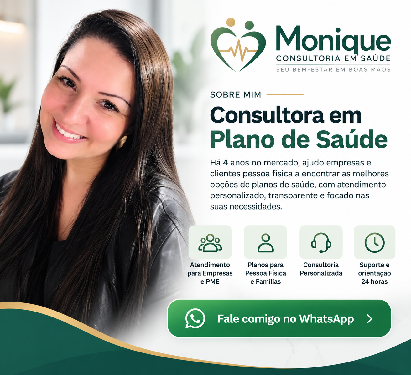 Apresentação da Monique Consultoria em Saúde com a foto da consultora, experiência e serviços oferecidos